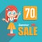 Hot summer sale banner. Advertising shopping illustration with girl in sunglasses. Big summer sale. Discount 70.