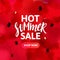 Hot Summer Sale Banner Design. Hand Drawn Text on Red Textured Watermelon Background. Vector Abstract Fruit Pattern.