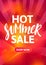 Hot Summer Sale Vertical Banner Design. Hand Drawn Text on Bright Colorful Background. Vector Advertising Illustration