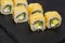 Hot Sushi roll with salmon. Japanese food. 4