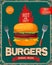 Hot and tasty burgers. Burger illustration in retro style