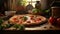 Hot tasty traditional italian pizza and ingredients on the table