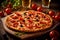 Hot tasty traditional italian pizza with onion, olives, cheese and tomatoes on wooden table decorated with vegetables and spices,