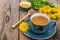 Hot tea and fragrant honey from dandelions in a blue vintage cup