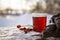 hot tea from rose hips and hibiscus with fruits and a scarf outdoors on a cold winter day, the medical home remedy against flu co