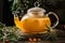 Hot tea with sea buckthorn in glass teapot