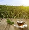 Hot teacup with saucer, organic green tea leaf on wooden table and the tea plantations background