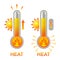 Hot thermometer with fire flame, high heat temperature, extreme overheating icon. Warm summer. Glass mercury bulb with sun Vector,