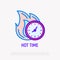 Hot time: clock in fire thin line icon