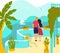 Hot tour romantic travel for couple at summer, woman and man at sea hotel terrace with palms, tourism flat vector