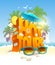 Hot tours vector poster, 3d text against tropical beach and palms