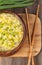 Hot vegetarian egg drop soup with starch noodlein