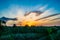 Hot and warm colors and shades of beautiful landscapes of Russia in the Rostov region. Local fields of blooming yellow sunflowers,