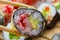 Hot or warm sushi roll takusen in tempura