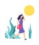 Hot weather. Sunny summer day, woman walks. Girl is hot, heat or sunstroke. Wrong summertime behavior vector