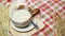 Hot white malt on a table covered with plaid cloth