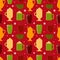 Hot winter drinks. Seamless pattern with silhouettes of coffee, cocoa, cappuccino. White snowflakes on a red background