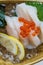 Hotate Sashimi : Raw Scallop Served with Ikura Salmon Roe with Sliced Radish and Lemon