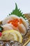 Hotate Sashimi : Raw Scallop Served with Ikura Salmon Roe with Sliced Radish and Lemon