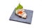 Hotate Scallop Sashimi Served with Ikura Salmon Roe and Sliced Radish on The Black Stone Plate