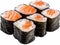 Hotate Sushi Roll and salmon maki roll with a white backdrop. Sushi with salmon and cucumber on a plate.