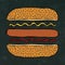 Hotdog. Bun with Sesame, Sausage, Ketchup, Mustard. Fast Food Collection. Black Chalkboard. Hand Drawn High Quality Vector Illustr