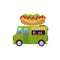 Hotdog food truck of restaurant on wheels flat vector illustration isolated.