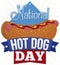 Hotdog and Greeting Ribbons ready for National Hot Dog Day, Vector Illustration