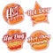 Hotdog label. Street food sign with hot dog in sesame seeds bun, fast lunch sticker vector set