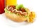 Hotdog on plate with french fries on white background