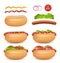 Hotdog realistic. Sausages buns meals tomato sauce fast food hamburger ingredients decent vector illustrations