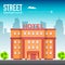 Hotel building in city space with road on flat style background concept. Vector illustration design