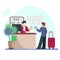 Hotel Check-in Registration of a hotel room. Businessman with a suitcase about the reception desk. Vector illustration