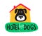 Hotel for Dogs Banner, Hospitality Service for Pets Concept. Cute Black Puppy Look Out of Booth and Creative Typography
