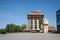 Hotel Dunav, an abandoned hotel and a major landmark of Vukovar, Croatia, in front of the main square of the city in Spring