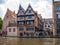 Hotel in historic building with half timbered facade along Kraanrei canal in Bruges, Belgium