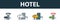 Hotel icon set. Four simple symbols in diferent styles from tourism icons collection. Creative hotel icons filled, outline,