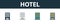 Hotel icon set. Four simple symbols in diferent styles from travel icons collection. Creative hotel icons filled, outline, colored