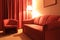 Hotel interior red couch, armchair, floor lamp