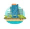 Hotel isolated near sea or seafront resort view vector illustration, flat cartoon modern eco hotel building on green