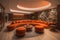 a hotel lobby with orange sofas. generative ai