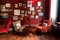 Hotel lobby in retro style with vintage furniture and red walls with photoframes