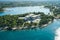 The hotel is located in a natural park on a small island in a sea lagoon. Shooting from a drone