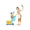 Hotel Professional Maid With Cleaning Equipment Cart Illustration