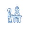 Hotel reception,receptionist at the table line icon concept. Hotel reception,receptionist at the table flat vector