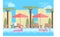 Hotel resort illustration. Open-air swimming pool with blue water,sun loungers, tables, beach umbrellas and palm trees