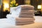 Hotel resorts bed adorned with a neatly folded white towel