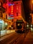 Hotel and Ristorante Neon signboard in an Italian street at night. Turin, Italy