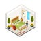 Hotel room cleaning. Isometric cleaning service, vector maid in hotel room