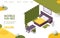 Hotel room landing page or banner template. 3d isometric interior in yellow and green with lafge bed and table good for two people